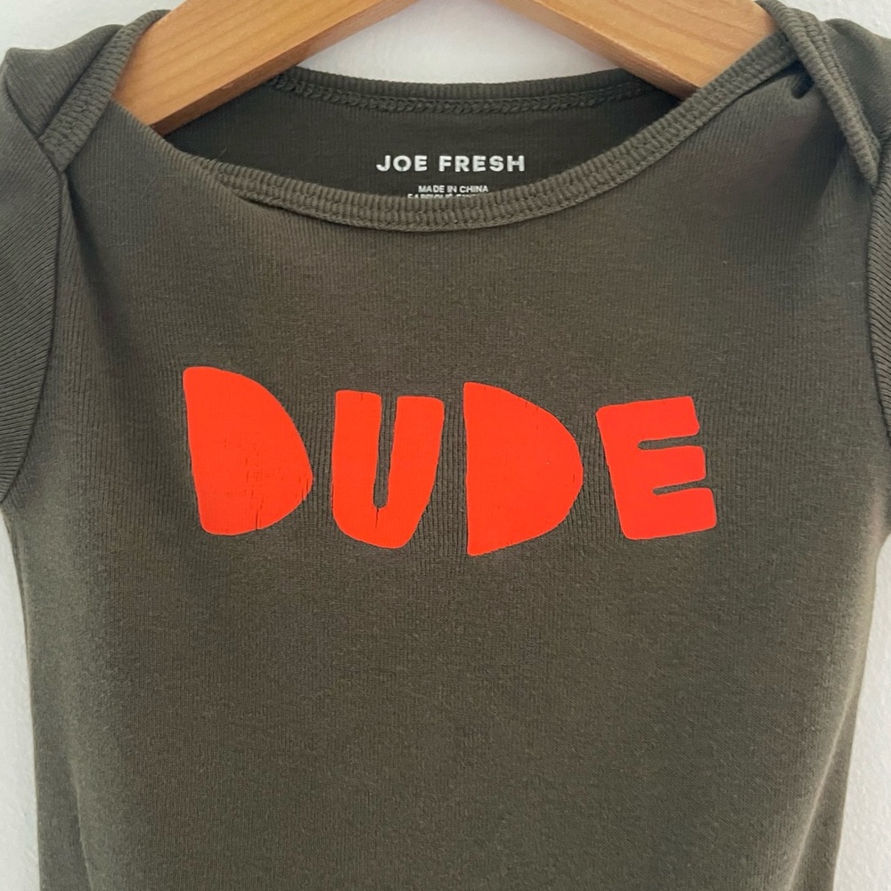 $3 💥 DUDE Baby Boy Bodysuit Onesie, Khaki Green & Orange, Short Sleeves